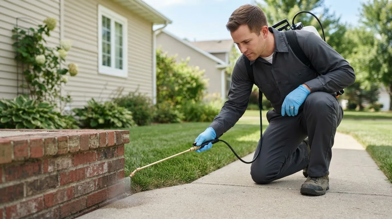 Pest control technician treating a home near Derby, CT